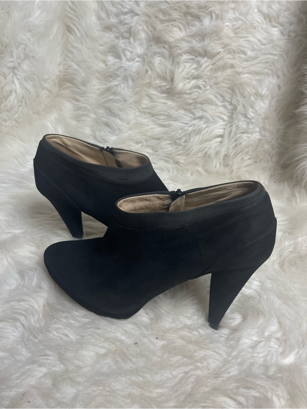 Prada Black Suede Ankle Booties with Cone Heels side Zipper EUR SZ42